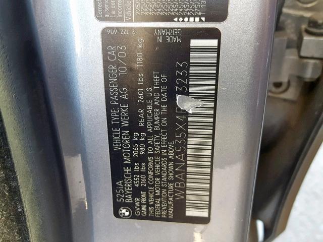 WBANA535X4B173233 - 2004 BMW 525 I GRAY photo 10