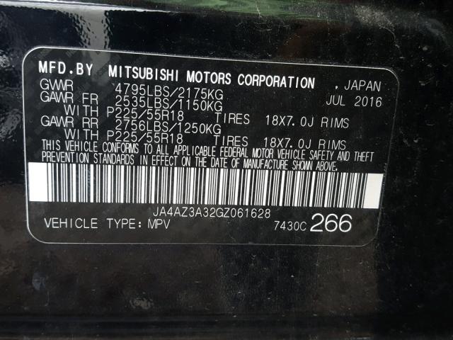 JA4AZ3A32GZ061628 - 2016 MITSUBISHI OUTLANDER BLACK photo 10