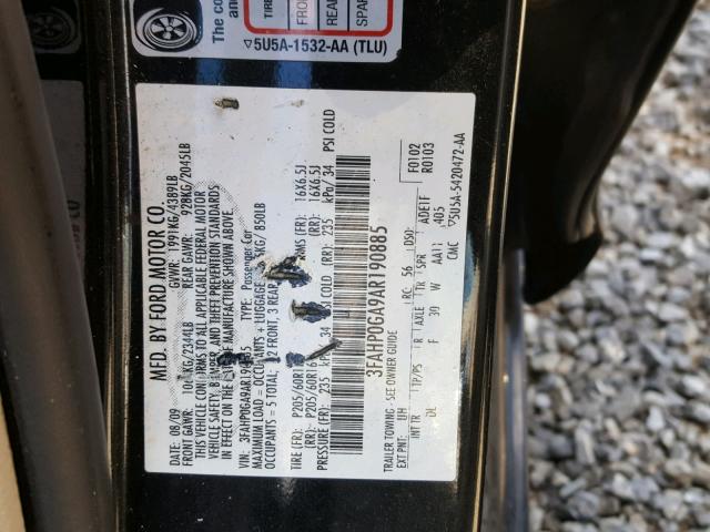 3FAHP0GA9AR190885 - 2010 FORD FUSION S BLACK photo 10