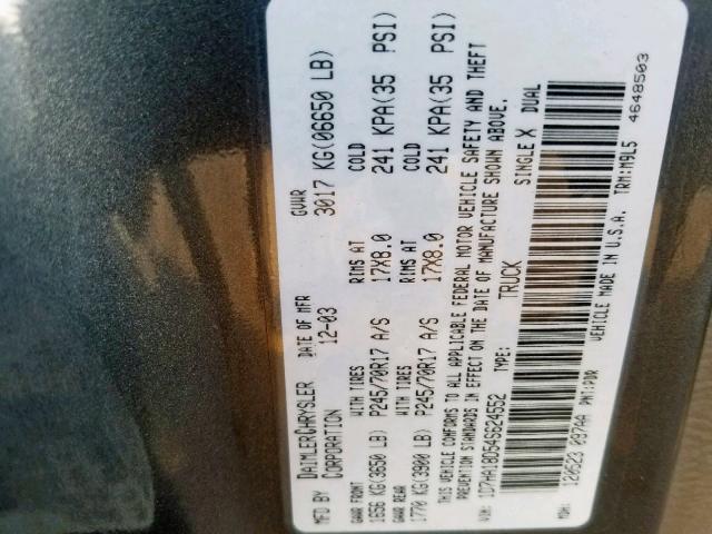 1D7HA18D54S624552 - 2004 DODGE RAM 1500 S GRAY photo 10