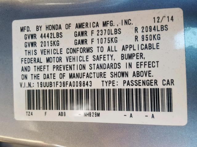 19UUB1F36FA009843 - 2015 ACURA TLX SILVER photo 10