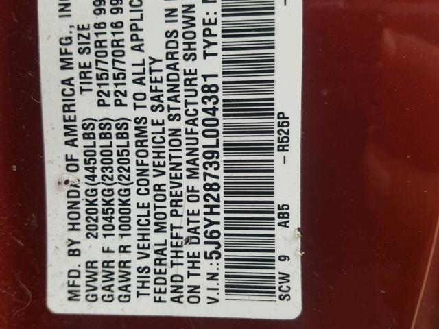 5J6YH28739L004381 - 2009 HONDA ELEMENT EX MAROON photo 10