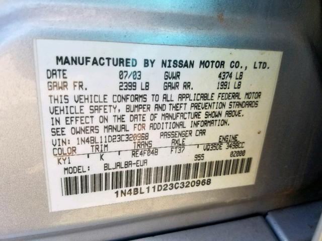 1N4BL11D23C320968 - 2003 NISSAN ALTIMA SE GRAY photo 10