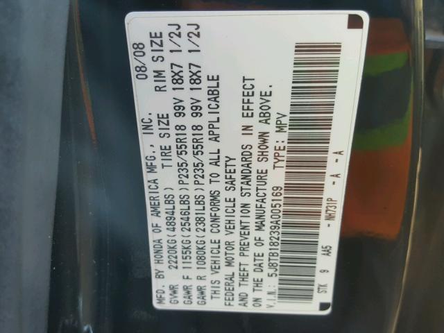 5J8TB18239A005169 - 2009 ACURA RDX BLACK photo 10