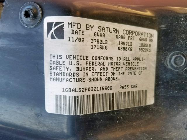 1G8AL52F03Z115606 - 2003 SATURN ION LEVEL BLACK photo 10