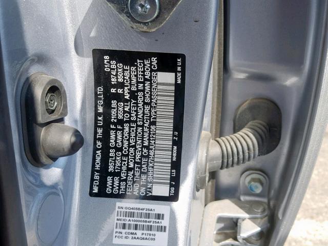 SHHFK7H46JU412106 - 2018 HONDA CIVIC SPOR SILVER photo 10