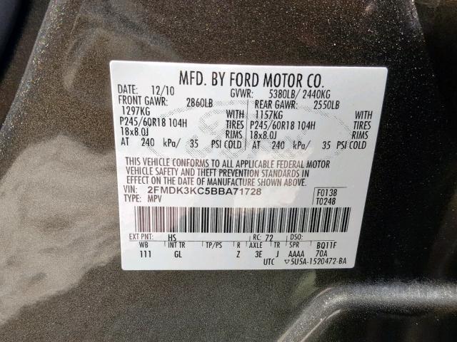 2FMDK3KC5BBA71728 - 2011 FORD EDGE LIMIT BROWN photo 10