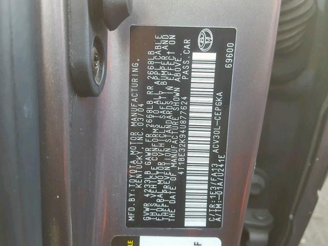 4T1BE32K94U877624 - 2004 TOYOTA CAMRY LE GRAY photo 10