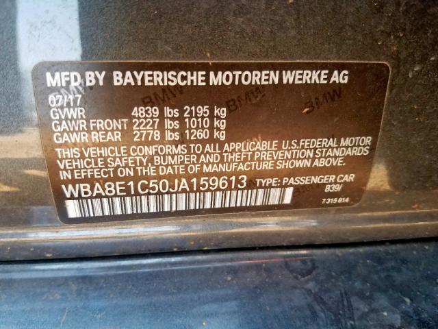 WBA8E1C50JA159613 - 2018 BMW 330E GRAY photo 10