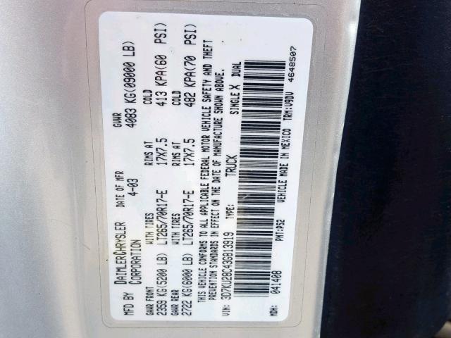 3D7KU28C43G813919 - 2003 DODGE RAM 2500 S ვერცხლისფერი ფოტო 10