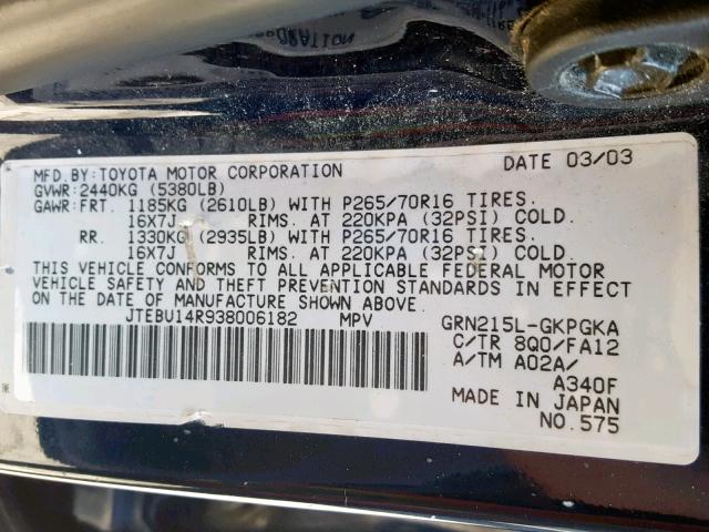 JTEBU14R938006182 - 2003 TOYOTA 4RUNNER SR BLUE photo 10