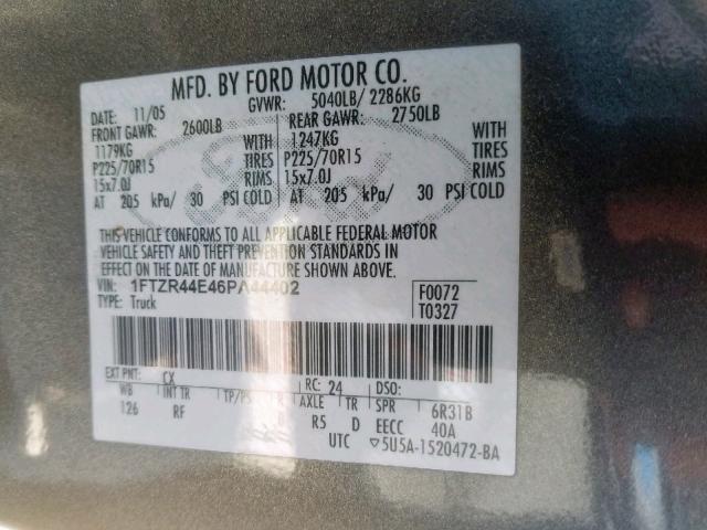 1FTZR44E46PA44402 - 2006 FORD RANGER SUP GRAY photo 10