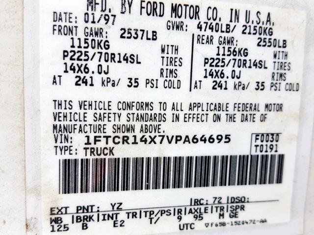 1FTCR14X7VPA64695 - 1997 FORD RANGER SUP WHITE photo 10