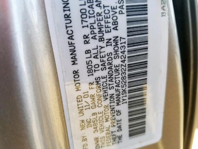 1Y1SK52832Z424317 - 2002 CHEVROLET GEO PRIZM 金色 照片 10