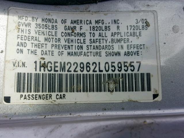 1HGEM22962L059557 - 2002 HONDA CIVIC EX SILVER photo 10