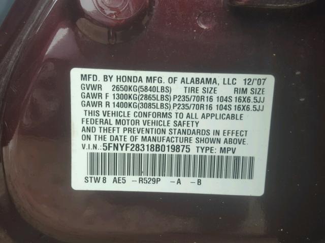 5FNYF28318B019875 - 2008 HONDA PILOT SE MAROON photo 10