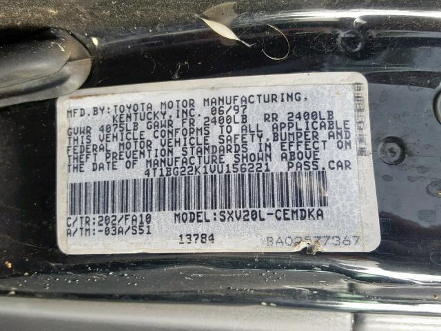 4T1BG22K1VU156221 - 1997 TOYOTA CAMRY CE BLACK photo 10