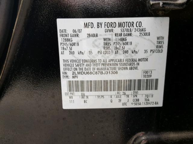 2LMDU68C87BJ31306 - 2007 LINCOLN MKX BLACK photo 10