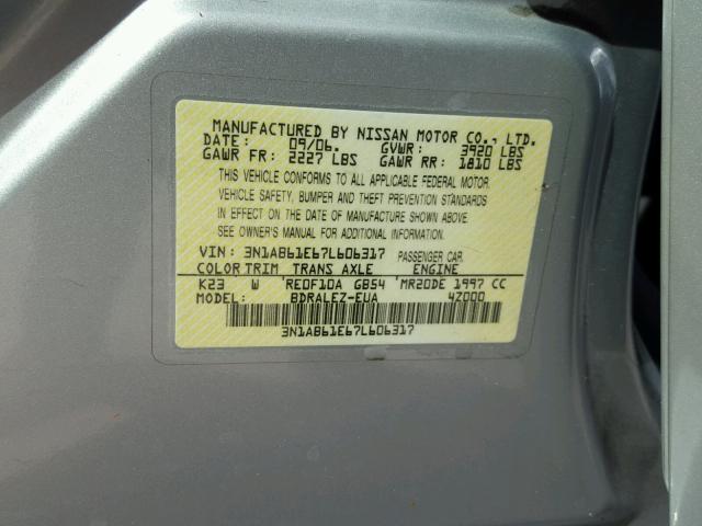 3N1AB61E67L606317 - 2007 NISSAN SENTRA 2.0 SILVER photo 10