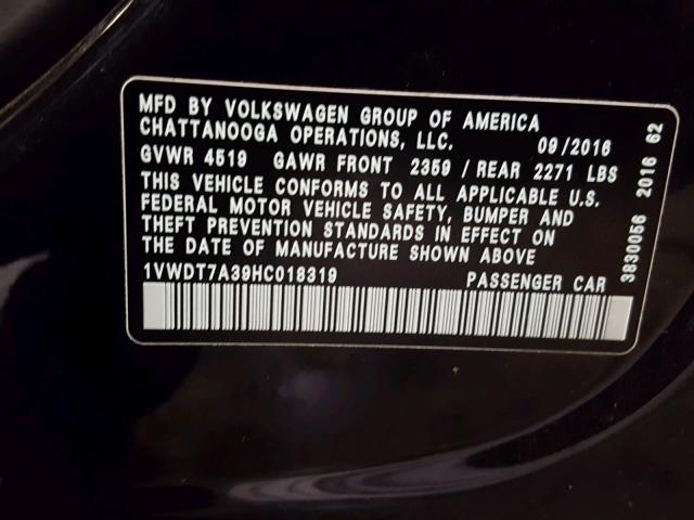1VWDT7A39HC018319 - 2017 VOLKSWAGEN PASSAT R-L 黑色 照片 10