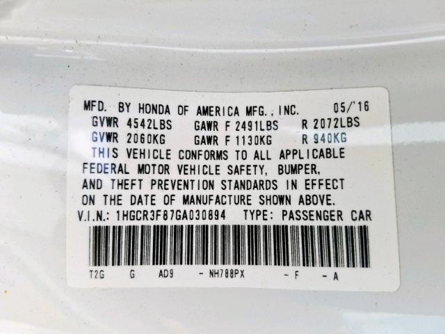 1HGCR3F87GA030894 - 2016 HONDA ACCORD EXL WHITE photo 10