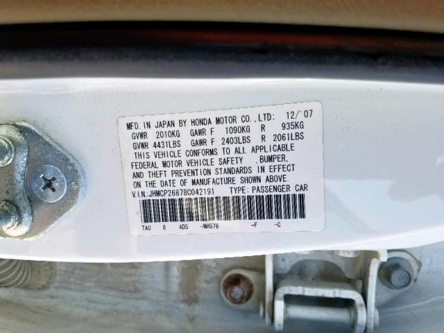 JHMCP26878C042191 - 2008 HONDA ACCORD EXL WHITE photo 10