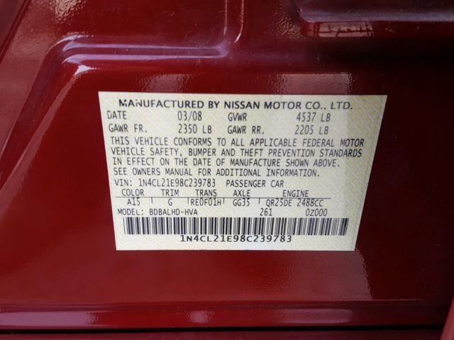 1N4CL21E98C239783 - 2008 NISSAN ALTIMA HYB BURGUNDY photo 10