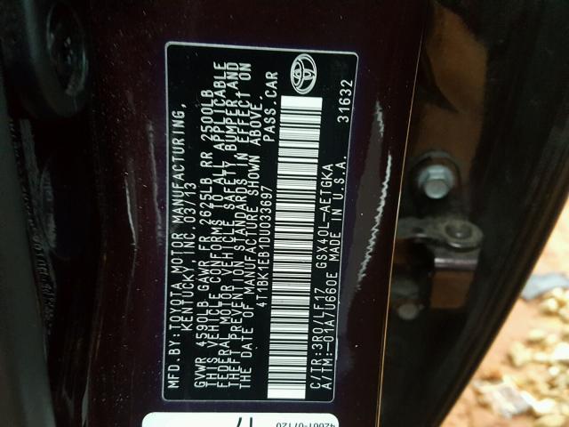 4T1BK1EB1DU033697 - 2013 TOYOTA AVALON BAS PURPLE photo 10