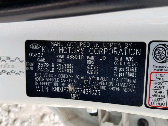 KNDJF723677438025 - 2007 KIA SPORTAGE E WHITE photo 10