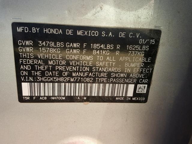 3HGGK5H82FM771082 - 2015 HONDA FIT EX SILVER photo 10