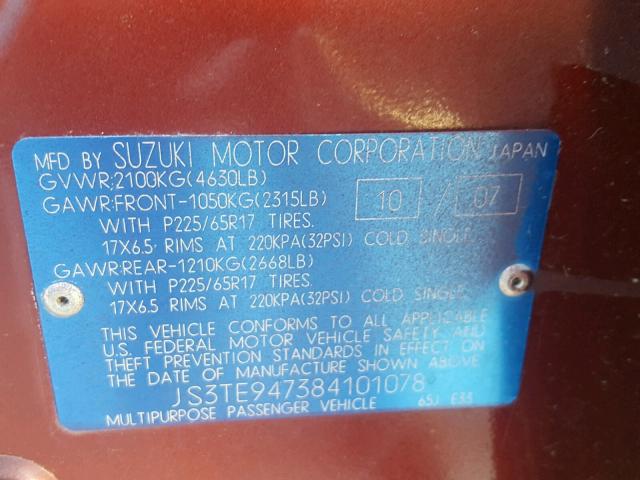 JS3TE947384101078 - 2008 SUZUKI GRAND VITA RED photo 10