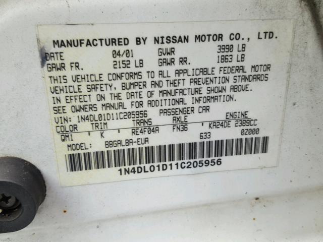 1N4DL01D11C205956 - 2001 NISSAN ALTIMA XE WHITE photo 10