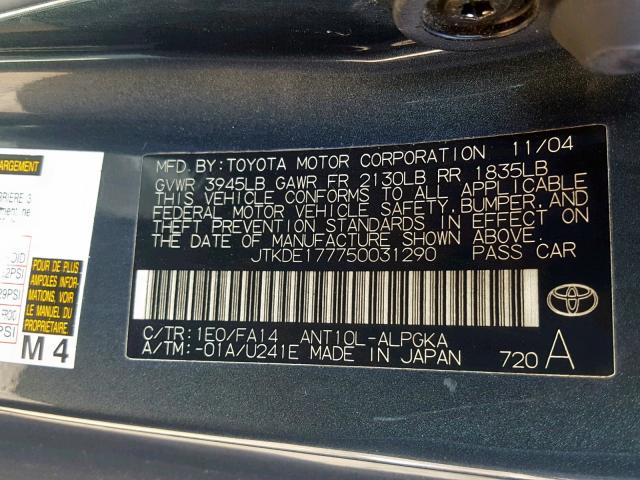 JTKDE177750031290 - 2005 TOYOTA SCION TC ლურჯი ფოტო 10