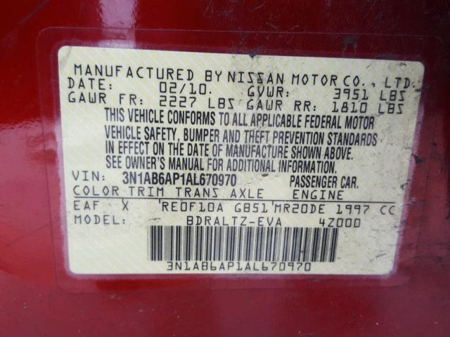 3N1AB6AP1AL670970 - 2010 NISSAN SENTRA 2.0 RED photo 10