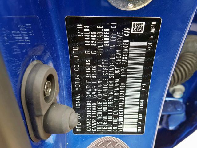 JHMFC1F74JX021159 - 2018 HONDA CIVIC EXL 蓝色 照片 10