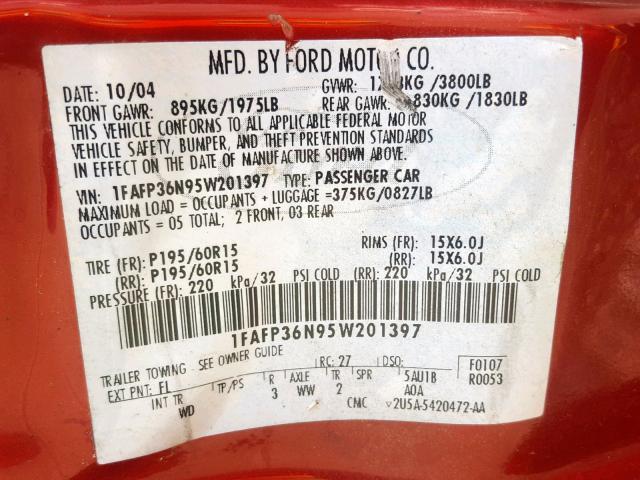 1FAFP36N95W201397 - 2005 FORD FOCUS ZXW RED photo 10