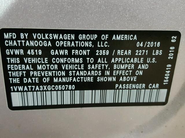 1VWAT7A3XGC050780 - 2016 VOLKSWAGEN PASSAT SILVER photo 10