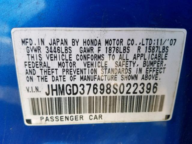 JHMGD37698S022396 - 2008 HONDA FIT SPORT BLUE photo 10