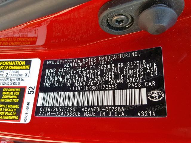 4T1B11HK8KU173595 - 2019 TOYOTA CAMRY L RED photo 10