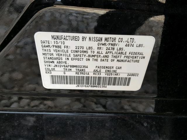 JN1DV6AP8BM602354 - 2011 INFINITI G25 BASE BLACK photo 10