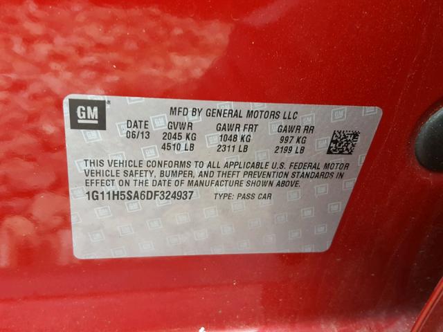 1G11H5SA6DF324937 - 2013 CHEVROLET MALIBU LTZ წითელი ფოტო 10