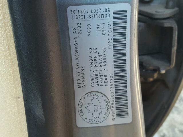 WVWRH63B63P291227 - 2003 VOLKSWAGEN PASSAT GLX 灰色 照片 10