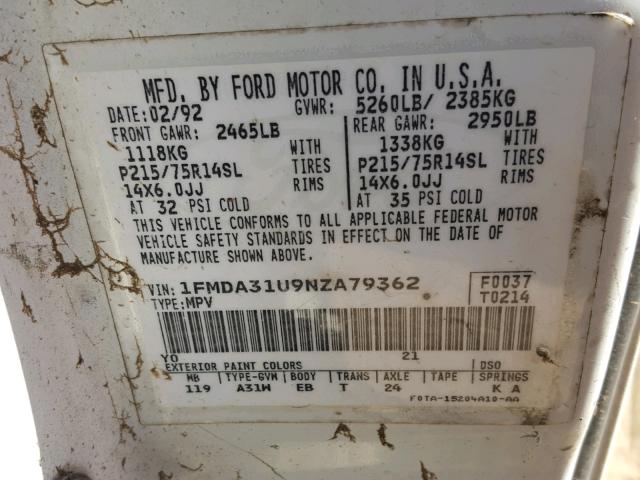 1FMDA31U9NZA79362 - 1992 FORD AEROSTAR WHITE photo 10