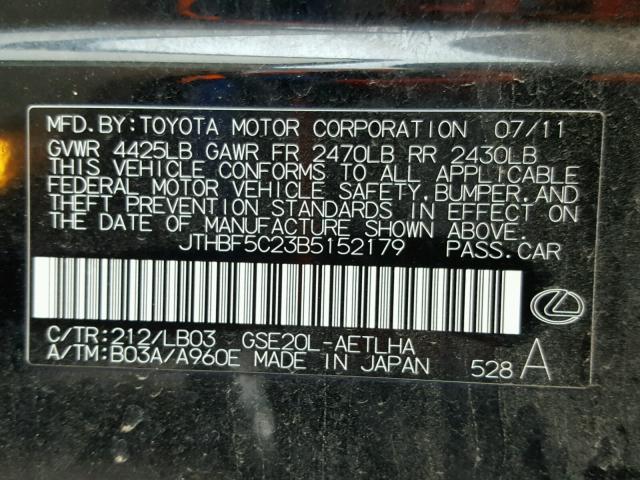 JTHBF5C23B5152179 - 2011 LEXUS IS 250 BLACK photo 10