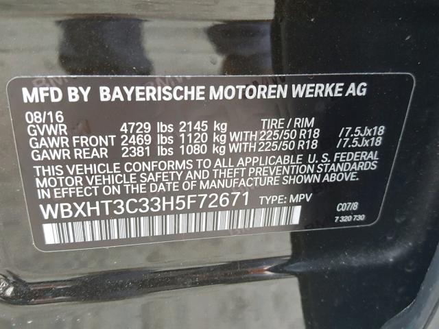 WBXHT3C33H5F72671 - 2017 BMW X1 XDRIVE2 GREEN photo 10