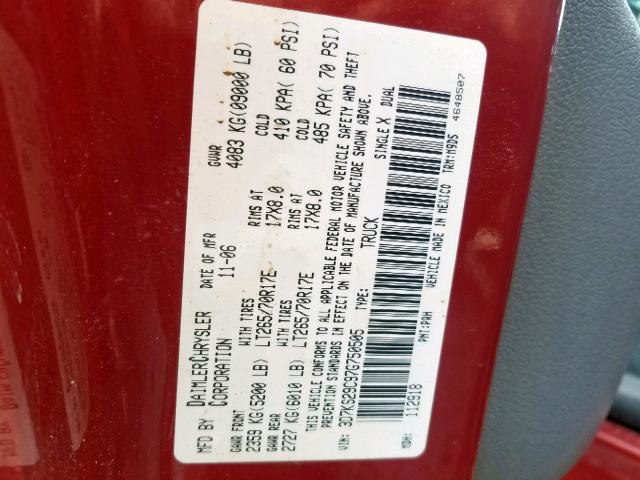 3D7KS29C97G750505 - 2007 DODGE RAM 2500 RED photo 10