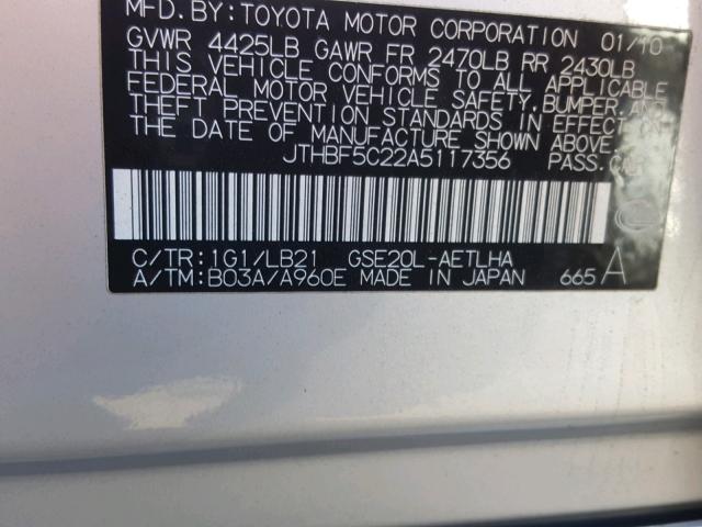 JTHBF5C22A5117356 - 2010 LEXUS IS 250 SILVER photo 10