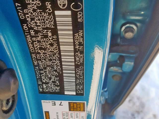 JTDKARFP2H3039116 - 2017 TOYOTA PRIUS PRIM 蓝色 照片 10