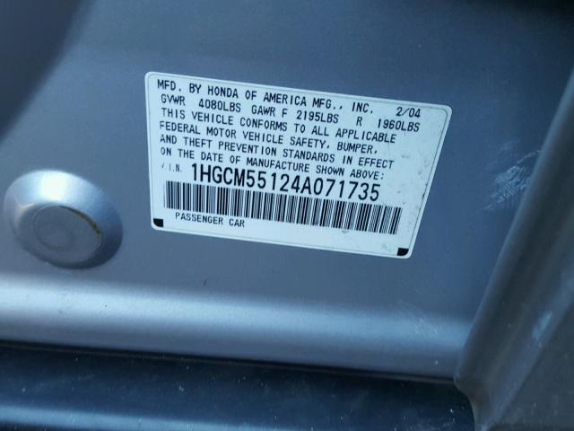 1HGCM55124A071735 - 2004 HONDA ACCORD DX SILVER photo 10