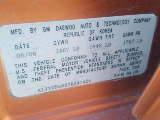 KL1TD566X7B047424 - 2007 CHEVROLET AVEO BASE Narıncı foto 10